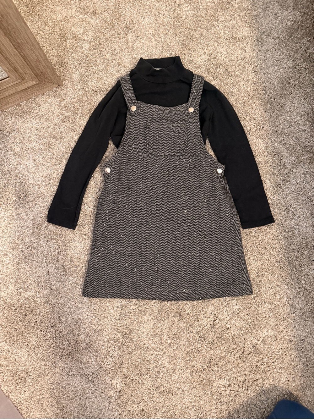 Girls Black Turtleneck with Gray Herringbone Pinafore Dress